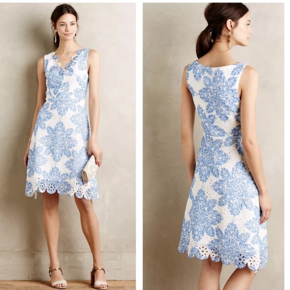 Eva Franco Anthropologie Blue and White Lace Dress